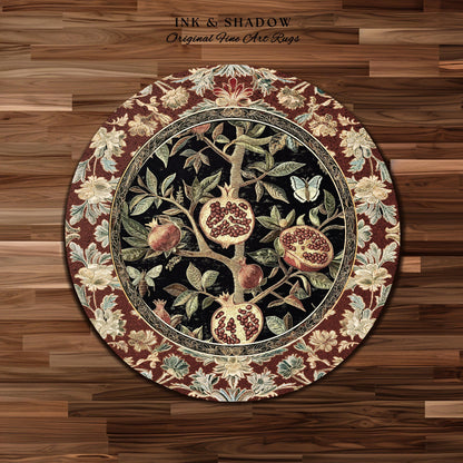 Floral Whimsigoth Vintage Pomegranate Art Nature Rug Cottagegoth Botanical Baroque Elegance, Medieval Style Forestcore Fruit Cottagecore Rug