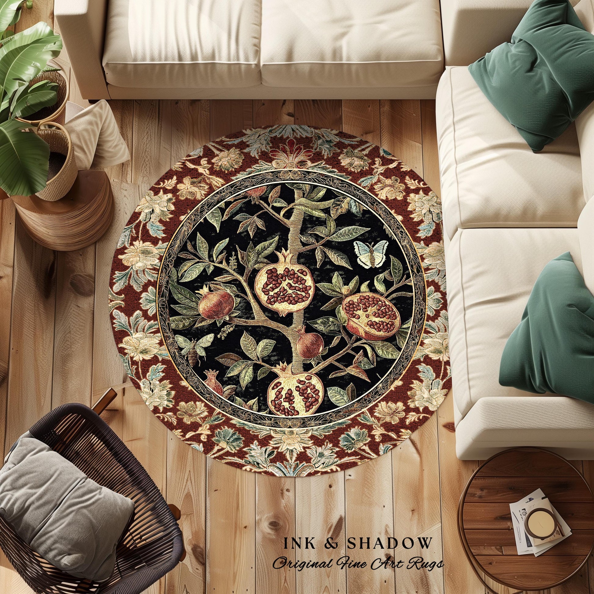 Floral Whimsigoth Vintage Pomegranate Art Nature Rug Cottagegoth Botanical Baroque Elegance, Medieval Style Forestcore Fruit Cottagecore Rug