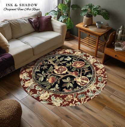 Floral Whimsigoth Vintage Pomegranate Art Nature Rug Cottagegoth Botanical Baroque Elegance, Medieval Style Forestcore Fruit Cottagecore Rug