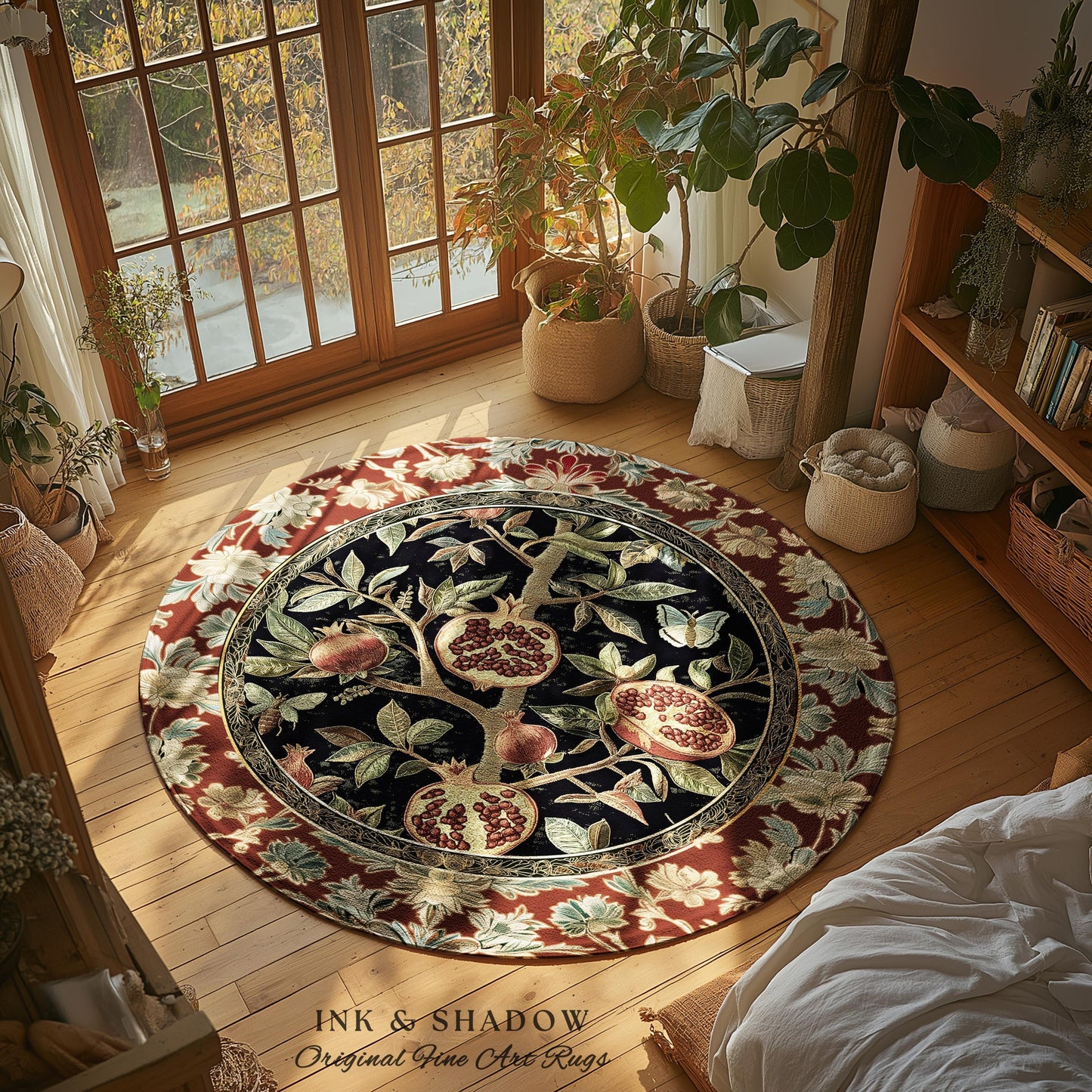 Floral Whimsigoth Vintage Pomegranate Art Nature Rug Cottagegoth Botanical Baroque Elegance, Medieval Style Forestcore Fruit Cottagecore Rug