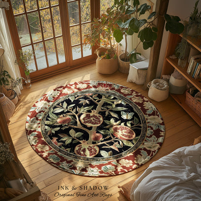 Floral Whimsigoth Vintage Pomegranate Art Nature Rug Cottagegoth Botanical Baroque Elegance, Medieval Style Forestcore Fruit Cottagecore Rug