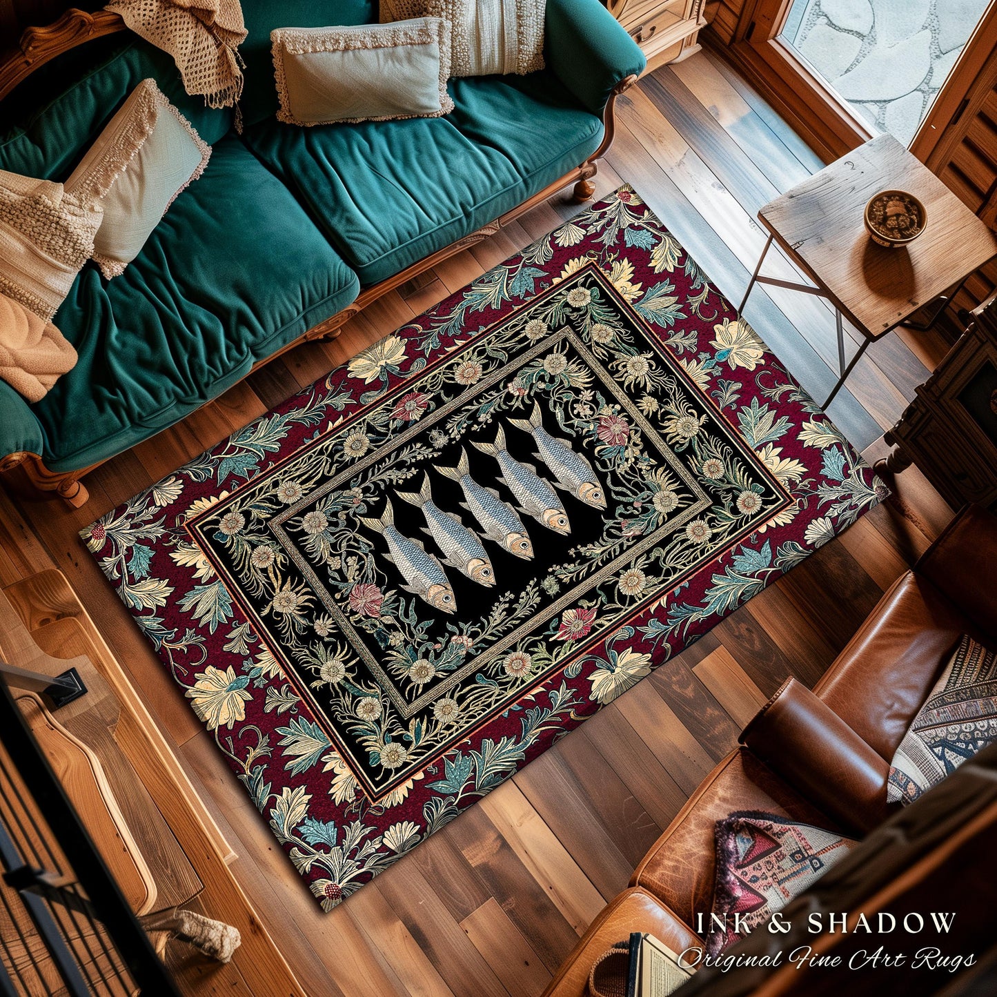 Eclectic Sardine Art Area Rug | Ornate Whimsical Coastal Design Maximalist Marine Art Ocean-Inspired Beach House Bedroom Accent Fish Decor