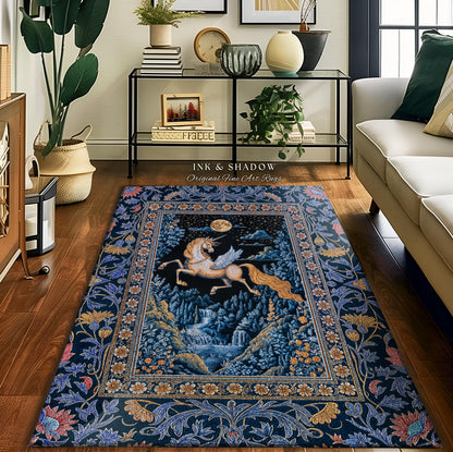 Moody Fantasy Mystic Pegasus Rug | Enchanted Forest Landscape Midnight Sky Unicorn Decor Regal Baroque Fairytale Accent Romantic Castlecore