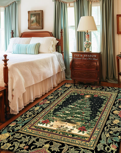 Sage Green Xmas Tree Rug | Cozy Winter Vintage Floor Art Victorian Style Festive Floral Decor Poinsettia Cottagecore Christmas Aesthetic