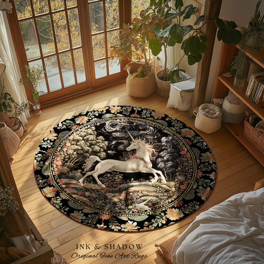 Enchanted Unicorn Round Accent Rug | Fairytale Aesthetic Nursery Decor Morris Cottagecore Fairycore Nursery Area Rug Mystical Storybook Art