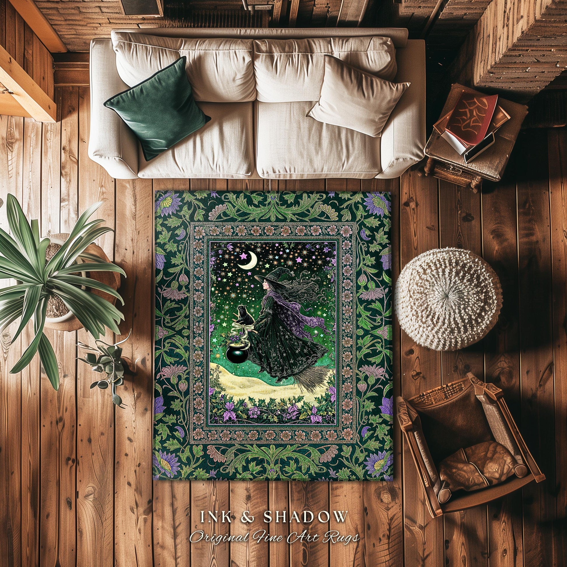 Botanical Witch Flying Broomstick Rug | Whimsigoth Bedroom Accent Gothic Cat Mystic Midnight Magic Aesthetic Moody Green Sky Moonlight Decor