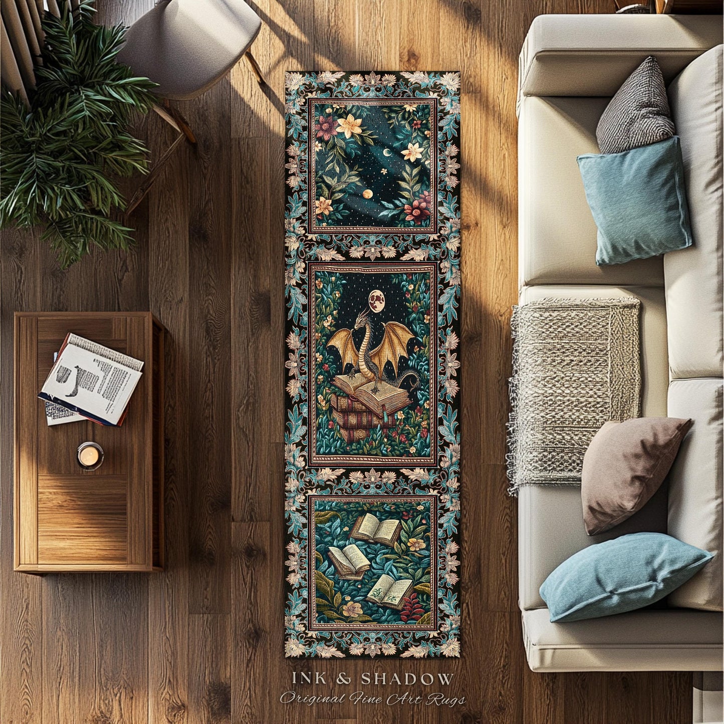 Fantasy Accent Rug Medieval Dragon | Medieval Library Aesthetic Gothic Cottagecore Decor for Book Nook Crowcore Fairytale Bedroom Area Rug |