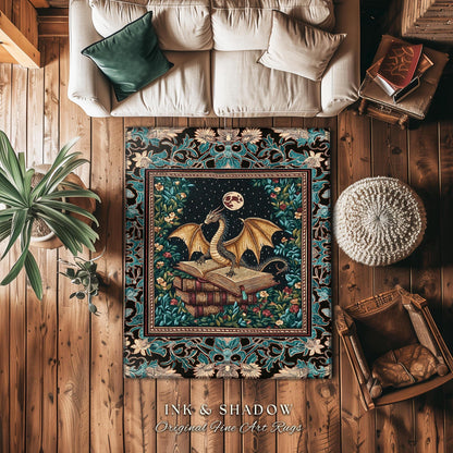 Fantasy Accent Rug Medieval Dragon | Medieval Library Aesthetic Gothic Cottagecore Decor for Book Nook Crowcore Fairytale Bedroom Area Rug |