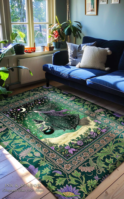 Botanical Witch Flying Broomstick Rug | Whimsigoth Bedroom Accent Gothic Cat Mystic Midnight Magic Aesthetic Moody Green Sky Moonlight Decor