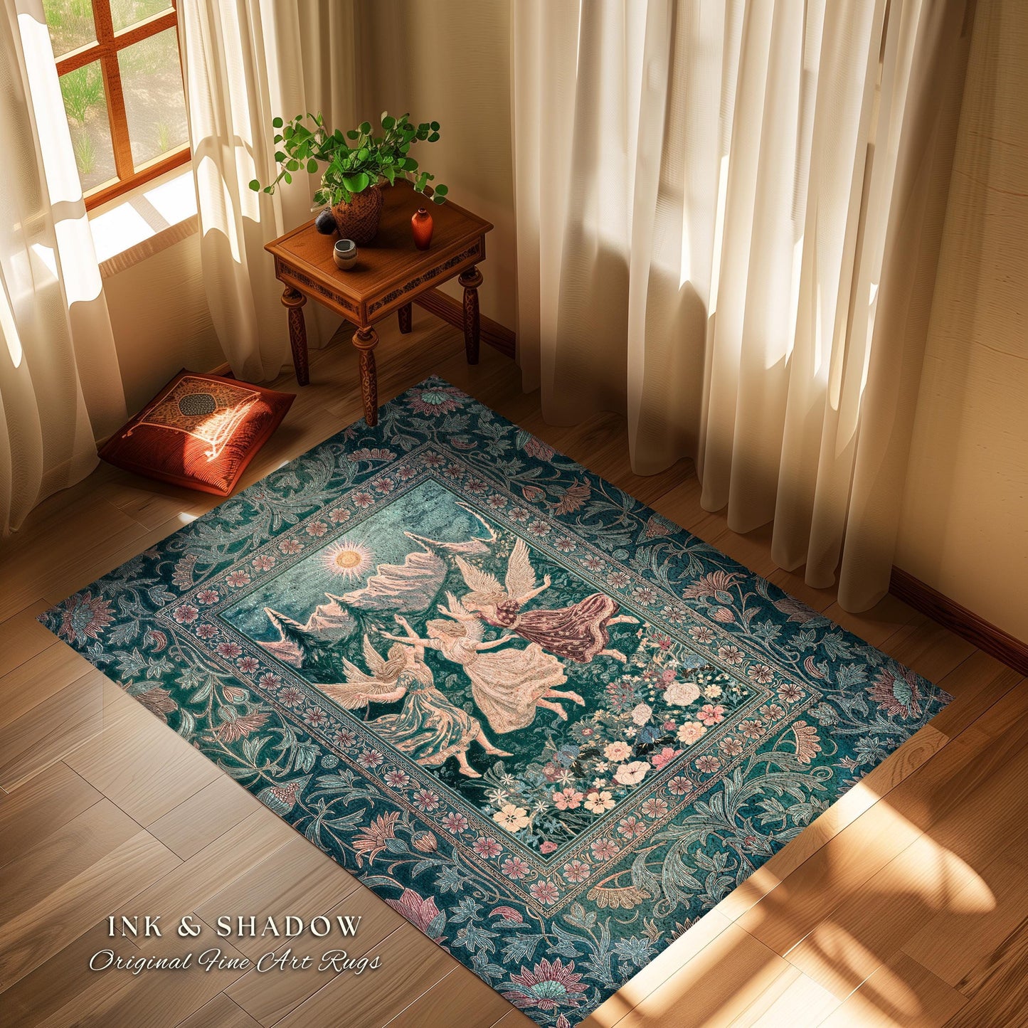 Sunny Wildflower Meadow Fairy Area Rug | Midsummer Aesthetic Bedroom Decor Folklore Fairytale Enchanted Medieval Angels Cottagecore Coquette