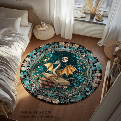 Fantasy Accent Rug Medieval Dragon | Medieval Library Aesthetic Gothic Cottagecore Decor for Book Nook Crowcore Fairytale Bedroom Area Rug |