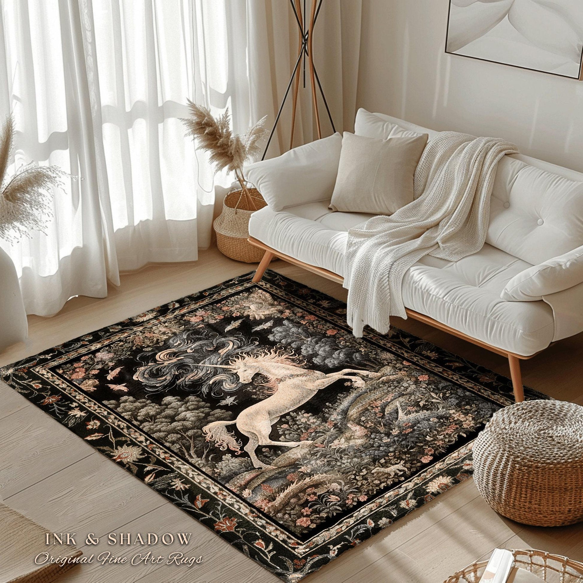 Enchanted Unicorn Round Accent Rug | Fairytale Aesthetic Nursery Decor Morris Cottagecore Fairycore Nursery Area Rug Mystical Storybook Art