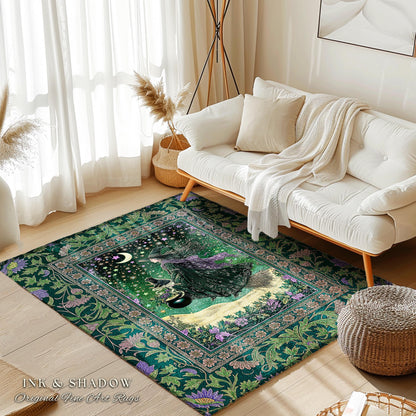 Botanical Witch Flying Broomstick Rug | Whimsigoth Bedroom Accent Gothic Cat Mystic Midnight Magic Aesthetic Moody Green Sky Moonlight Decor