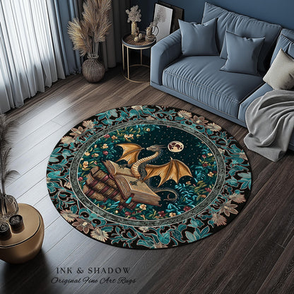 Fantasy Accent Rug Medieval Dragon | Medieval Library Aesthetic Gothic Cottagecore Decor for Book Nook Crowcore Fairytale Bedroom Area Rug |