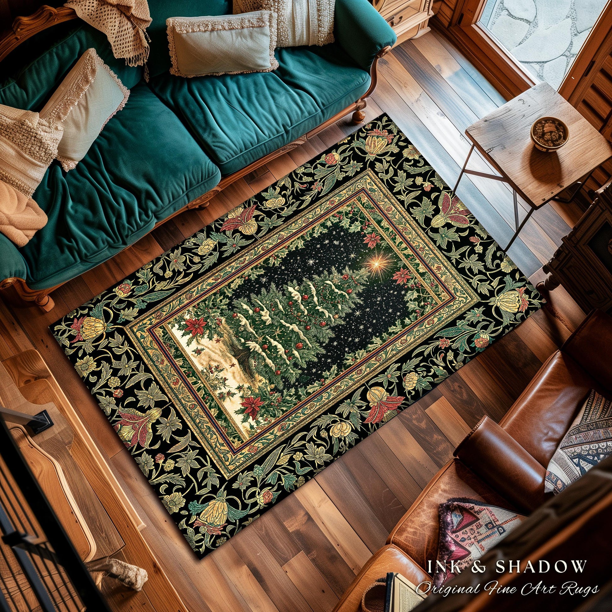 Sage Green Xmas Tree Rug | Cozy Winter Vintage Floor Art Victorian Style Festive Floral Decor Poinsettia Cottagecore Christmas Aesthetic
