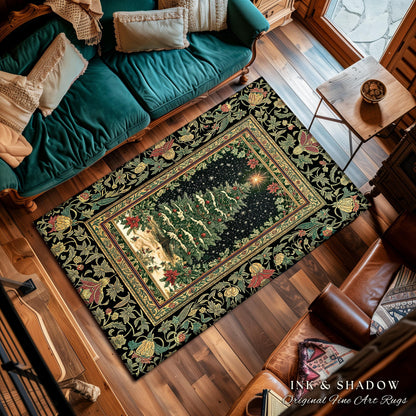 Sage Green Xmas Tree Rug | Cozy Winter Vintage Floor Art Victorian Style Festive Floral Decor Poinsettia Cottagecore Christmas Aesthetic