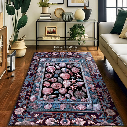 Dreamy Marine Sea Shell Whimsy Area Rug | Beach Inspired Nautical Bedroom Coastal Floor Art Fairycore Ocean Fantasy Starfish Accent Decor