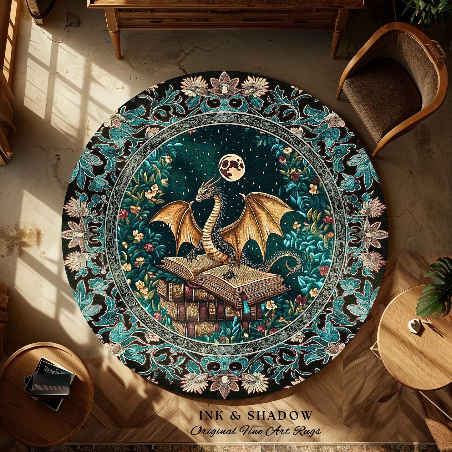 Fantasy Accent Rug Medieval Dragon | Medieval Library Aesthetic Gothic Cottagecore Decor for Book Nook Crowcore Fairytale Bedroom Area Rug |