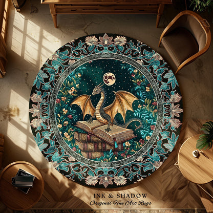 Fantasy Accent Rug Medieval Dragon | Medieval Library Aesthetic Gothic Cottagecore Decor for Book Nook Crowcore Fairytale Bedroom Area Rug |