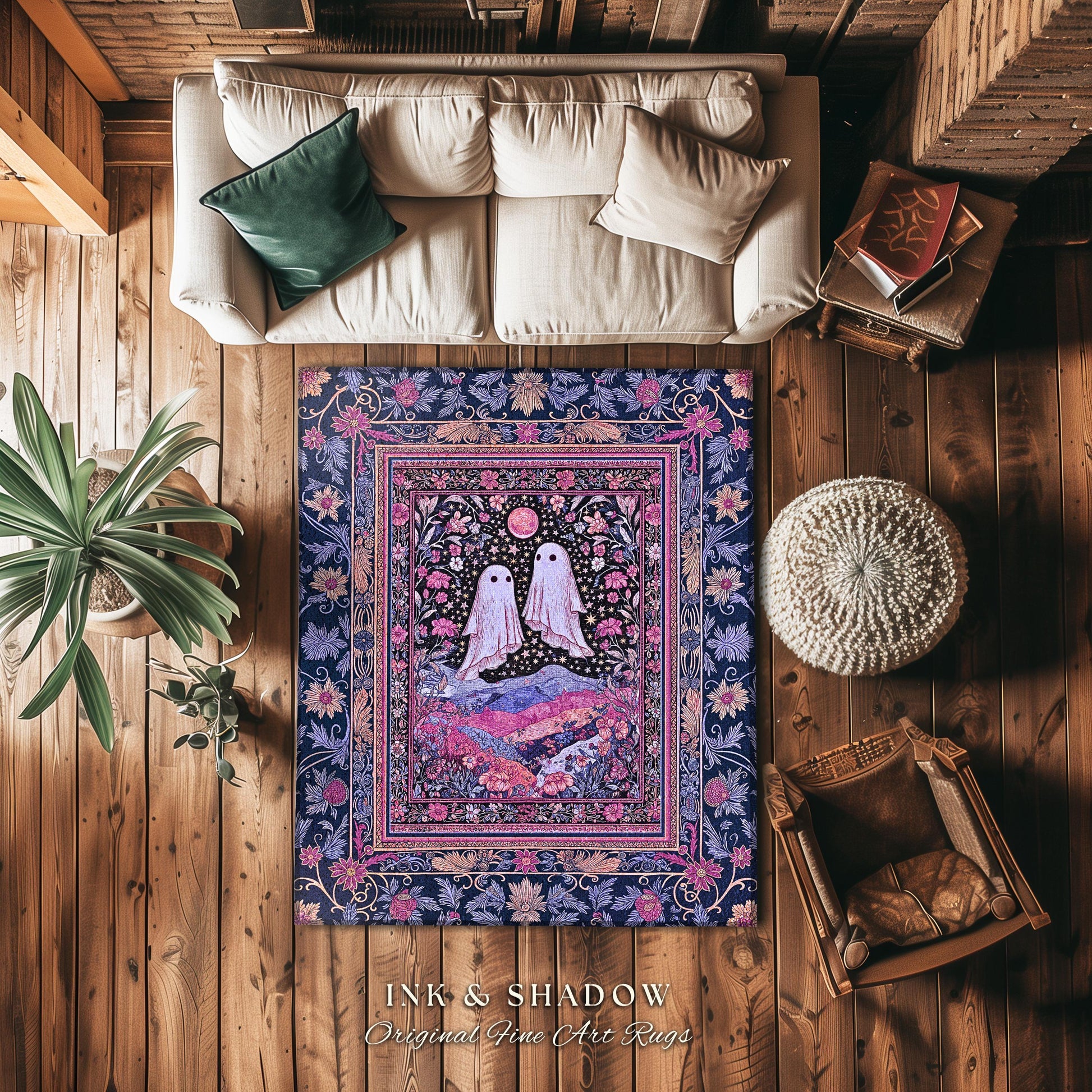 Pink & Purple Wildflower Ghost Lovers Rug | Pastel Cottagecore Romantic Bedroom Accent Fairytale Whimsigoth Style Enchanted Botanical Gothic