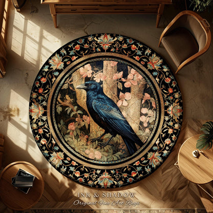 Woodland Gothic Floral Raven Room Decor William Morris Inspired Crowcore Area Rug Cottagecore Aesthetic Dark Fairycore Bedroom Boho Crow Rug