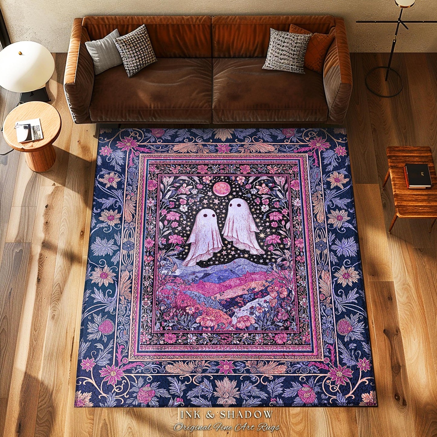 Pink & Purple Wildflower Ghost Lovers Rug | Pastel Cottagecore Romantic Bedroom Accent Fairytale Whimsigoth Style Enchanted Botanical Gothic