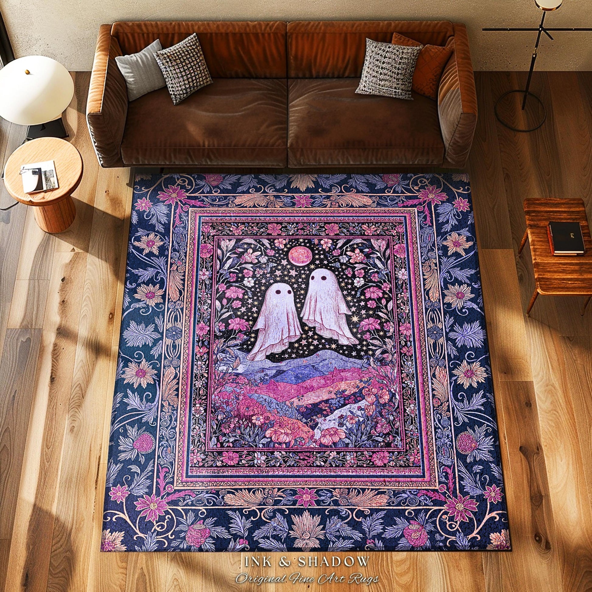 Pink & Purple Wildflower Ghost Lovers Rug | Pastel Cottagecore Romantic Bedroom Accent Fairytale Whimsigoth Style Enchanted Botanical Gothic