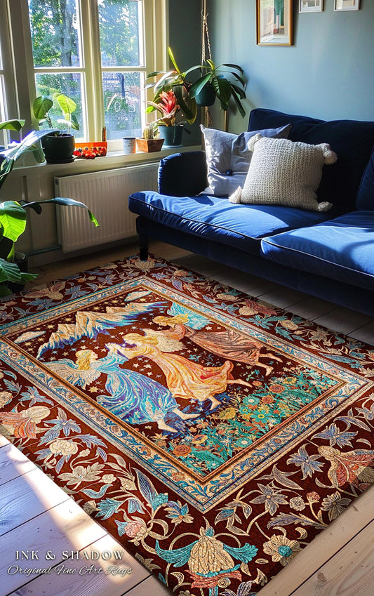 May include: A rectangular area rug with a detailed design featuring angels and floral patterns. The rug has a dark red background with a border of flowers and leaves in shades of blue, green, and brown. The text "INK & SHADOW Original Fine Art Rugs" is visible.