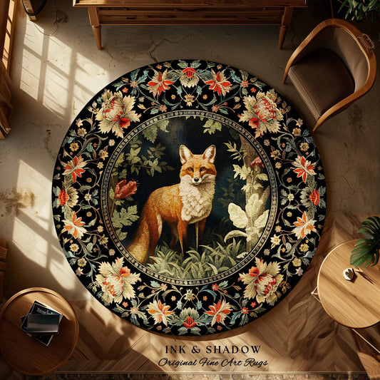 Mystical Forest Woodland Cottagecore Round Fox Botanical Rug | Ornate Botanical Morris Inspired Floral Forest Rug Fairycore Whimsical Decor