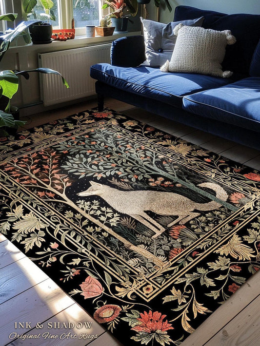 Danish Pastel Wolf Rug | Boho Woodland Theme Room Decor William Morris Inspired Cottagecore Aesthetic Fairycore Scandinavian Bedroom