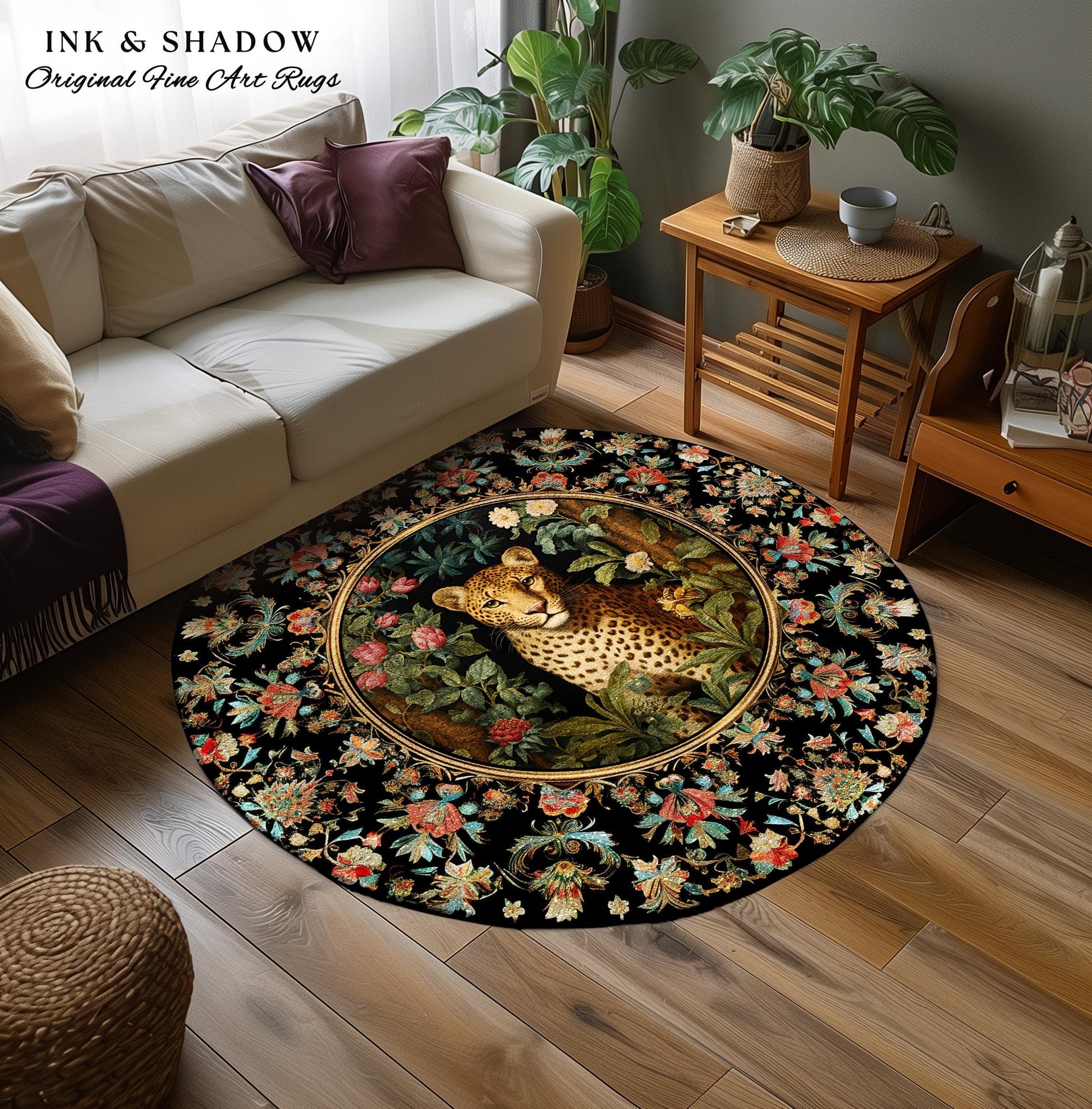Jungle Aesthetic Area Rug | Nature Inspired Room Decor William Morris Style Aesthetic Fairycore Boho Bedroom Rug Ethereal Leopard Rug Floral