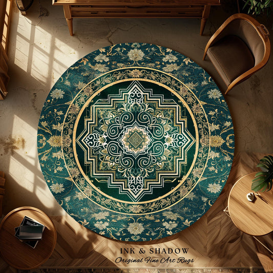 Gothic Maximalist Round Accent Rug | Forest Green Floor Rug Ornate Rug With Blue Green Detail Cottagecore Victorian Gothic Aesthetic Teal |