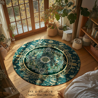 Gothic Maximalist Round Accent Rug | Forest Green Floor Rug Ornate Rug With Blue Green Detail Cottagecore Victorian Gothic Aesthetic Teal |