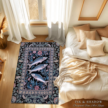 Ornate Coastal Fish Area Rug | Jacquard Home Accent Folk Botanical Sardine Design Vintage-Inspired Nautical Decor Eclectic Bedroom Accent |