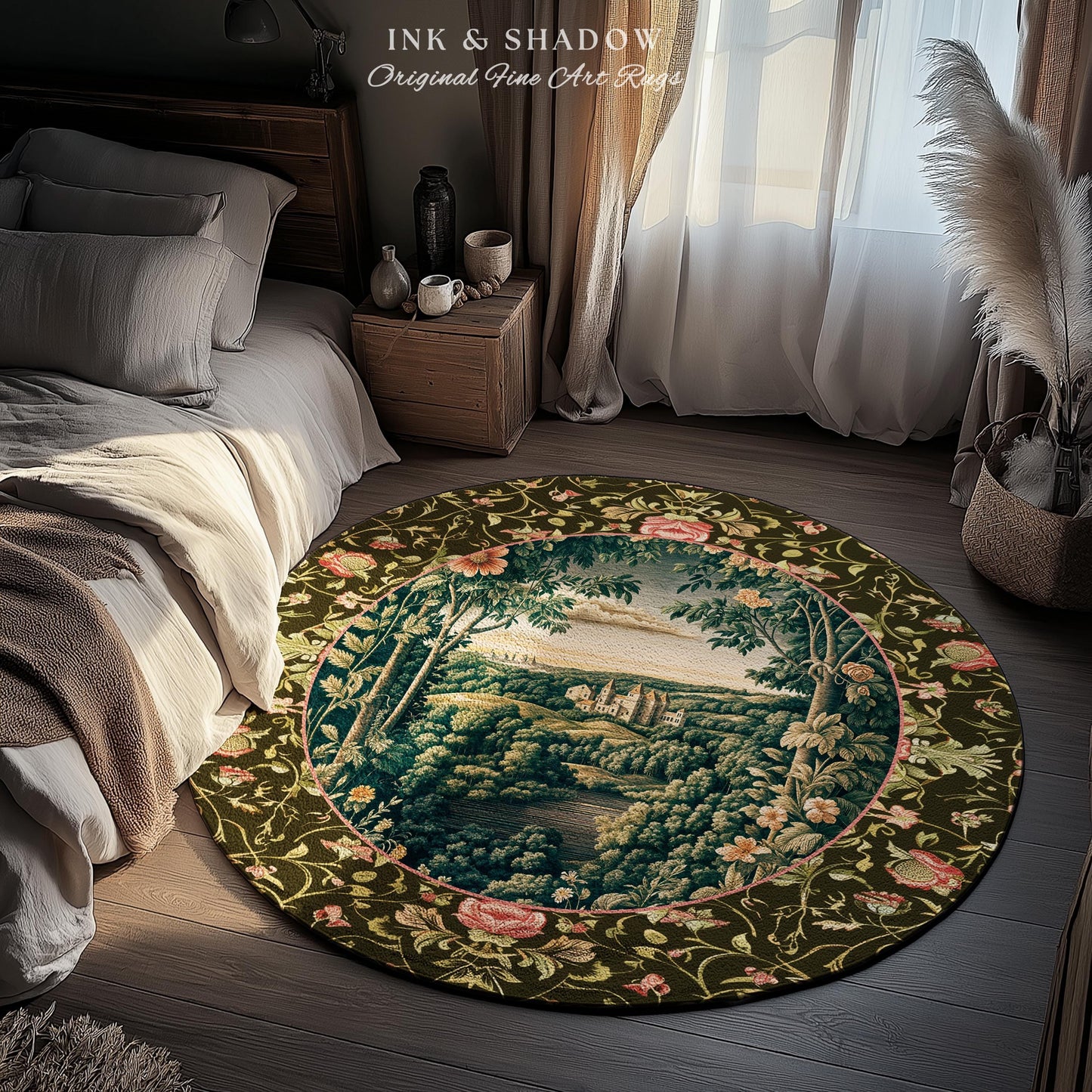 Princess Medieval Accent Rug | Rustic Floral Landscape Whimsigoth Castle Ethereal Bedroom Aesthetic Area Rug Woodland Goth Romantic Coquette