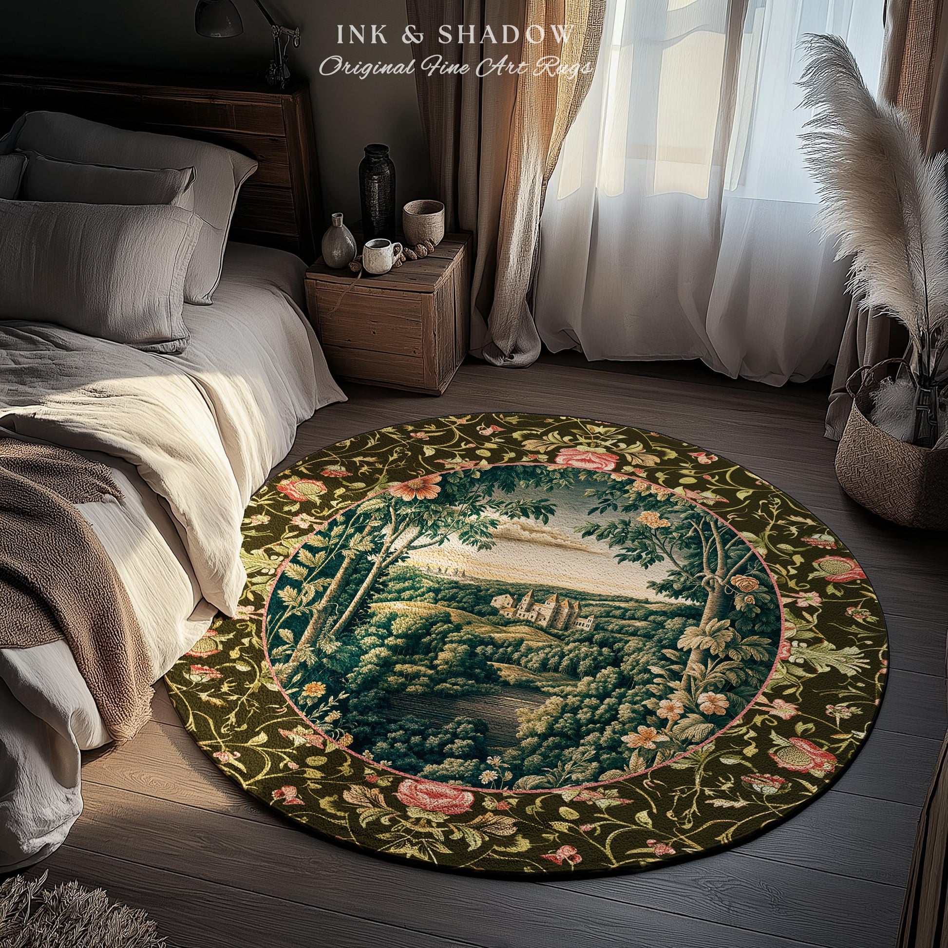 Princess Medieval Accent Rug | Rustic Floral Landscape Whimsigoth Castle Ethereal Bedroom Aesthetic Area Rug Woodland Goth Romantic Coquette