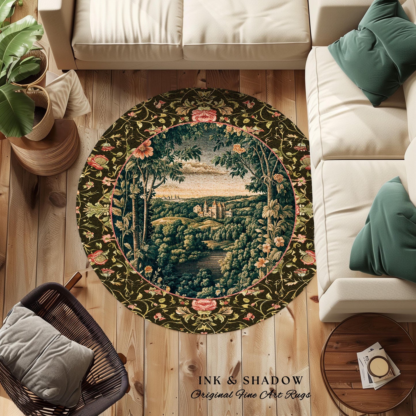 Princess Medieval Accent Rug | Rustic Floral Landscape Whimsigoth Castle Ethereal Bedroom Aesthetic Area Rug Woodland Goth Romantic Coquette