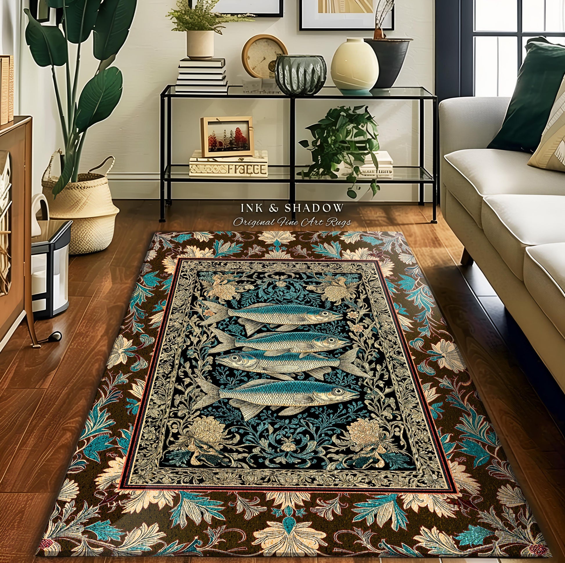 May include: A rectangular rug with a brown border and a central design featuring four blue fish. The rug has a dark background with floral and leaf patterns in teal and cream. The text "INK & SHADOW Original Fine Art Rugs" is visible.