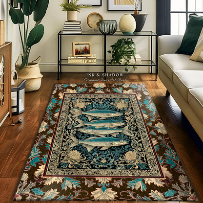 May include: A rectangular rug with a brown border and a central design featuring four blue fish. The rug has a dark background with floral and leaf patterns in teal and cream. The text "INK & SHADOW Original Fine Art Rugs" is visible.