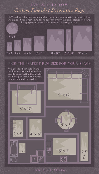 The image is a detailed guide to custom fine art decorative rugs, providing various rug sizes and styles for different living spaces, such as indoor and outdoor areas.