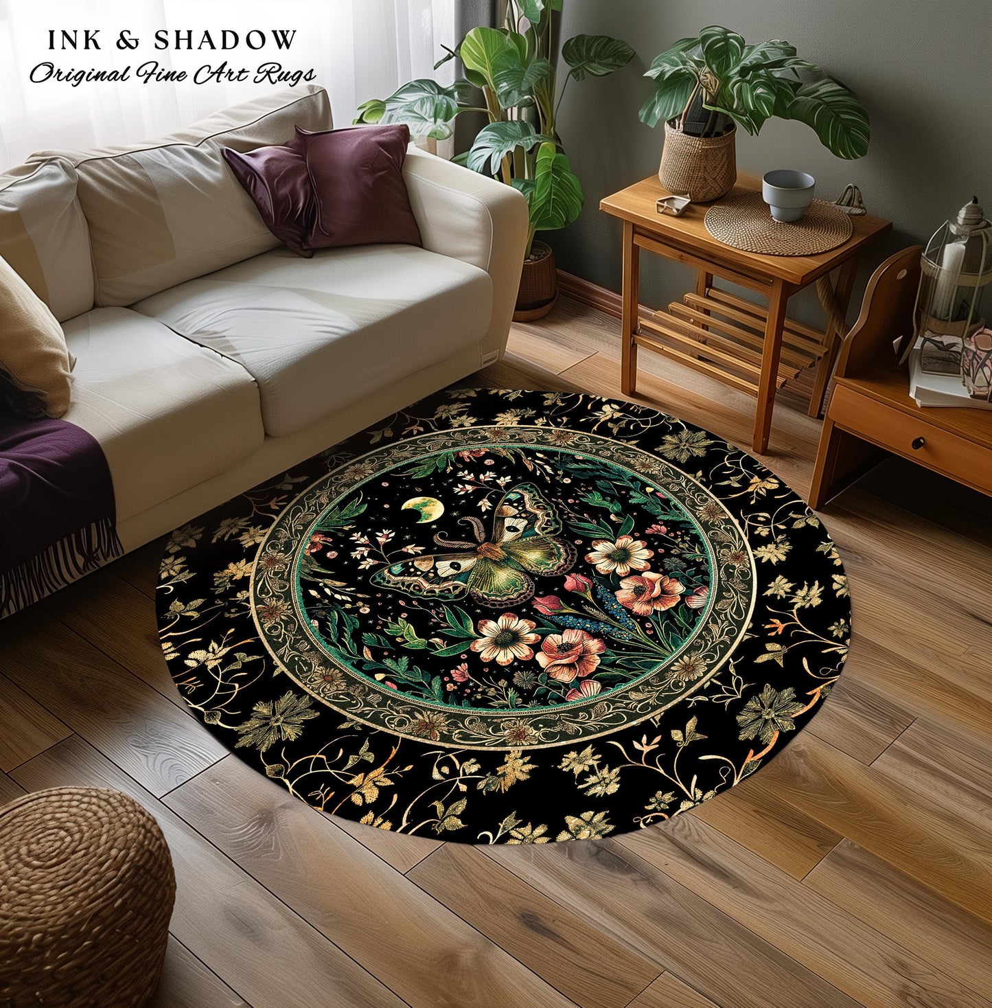 Ethereal Moth Rug Witchy Aesthetic Room Decor | Gothic Art Whimsical Occult Whimsigothic Wildflower Butterfly Moth Moon Fairycore Botanicals