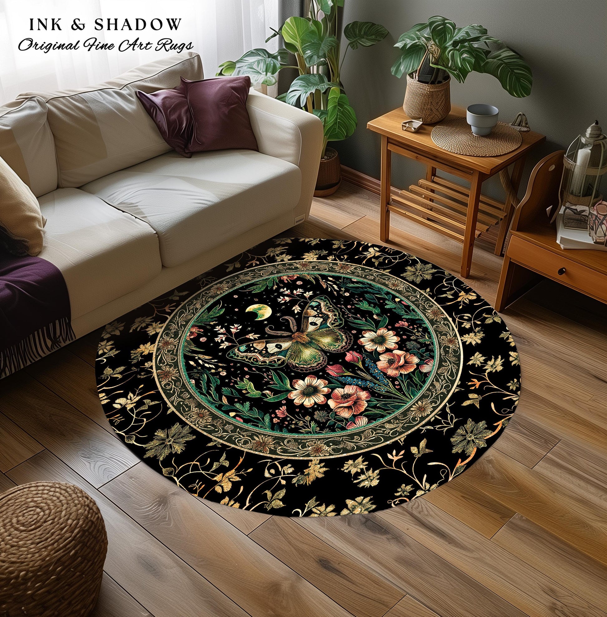 Ethereal Moth Rug Witchy Aesthetic Room Decor | Gothic Art Whimsical Occult Whimsigothic Wildflower Butterfly Moth Moon Fairycore Botanicals