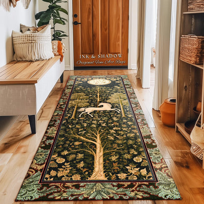 Magic Aesthetic Unicorn Round Area Rug Cottagecore Style, Dark Academia Folklore Decor Maximalist Fantasy Art Enchanted Fairytale Accent