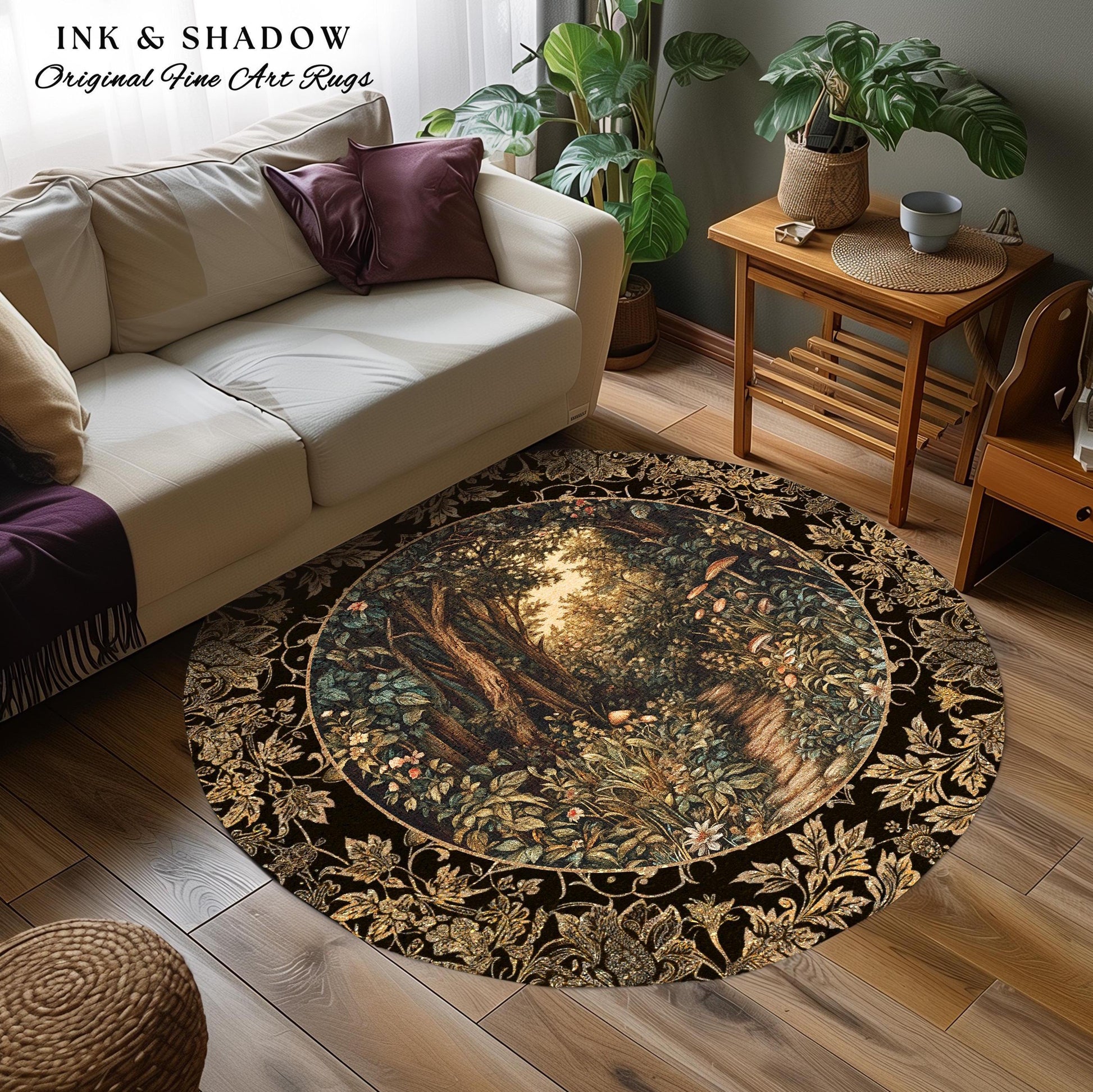 Mushroom Forest Magical Woodland Round Rug | Ethereal Mystic Academia Folklore Inspired Fairy Core Aesthetic Home Accent Rug Magical Whimsy