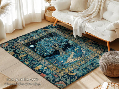 Enchanted Woodland Path Area Rug | Dreamy Moonlit Medieval Garden Decor Celestial Willow Tree Fantasy Style Gothic Home Accent Fairycore |