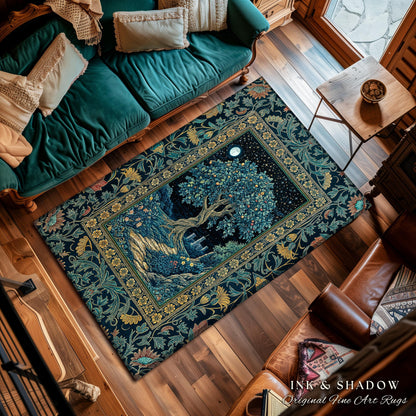 Enchanted Woodland Path Area Rug | Dreamy Moonlit Medieval Garden Decor Celestial Willow Tree Fantasy Style Gothic Home Accent Fairycore |