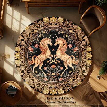 Fairytale Unicorn Floral Aesthetic Round Area Rug | Pastel Cottagecore Area Rug Fairycore Whimsical Boho Home Decor Medieval Style Bedroom |