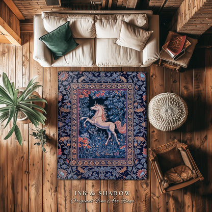 Storybook Unicorn Mystic Area Rug | Pastel Blue Forest Pegasus Accent Fairytale Baroque Decor Romantic Bedroom Mystical Cottagecore Regal