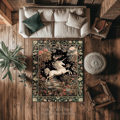 Unicorn Mystical Medieval Art Round Rug Folklore Whimsigothic Decor, Dark Cottagecore Mystic Grunge Fairycore Whimsical Witchy Home Accent |