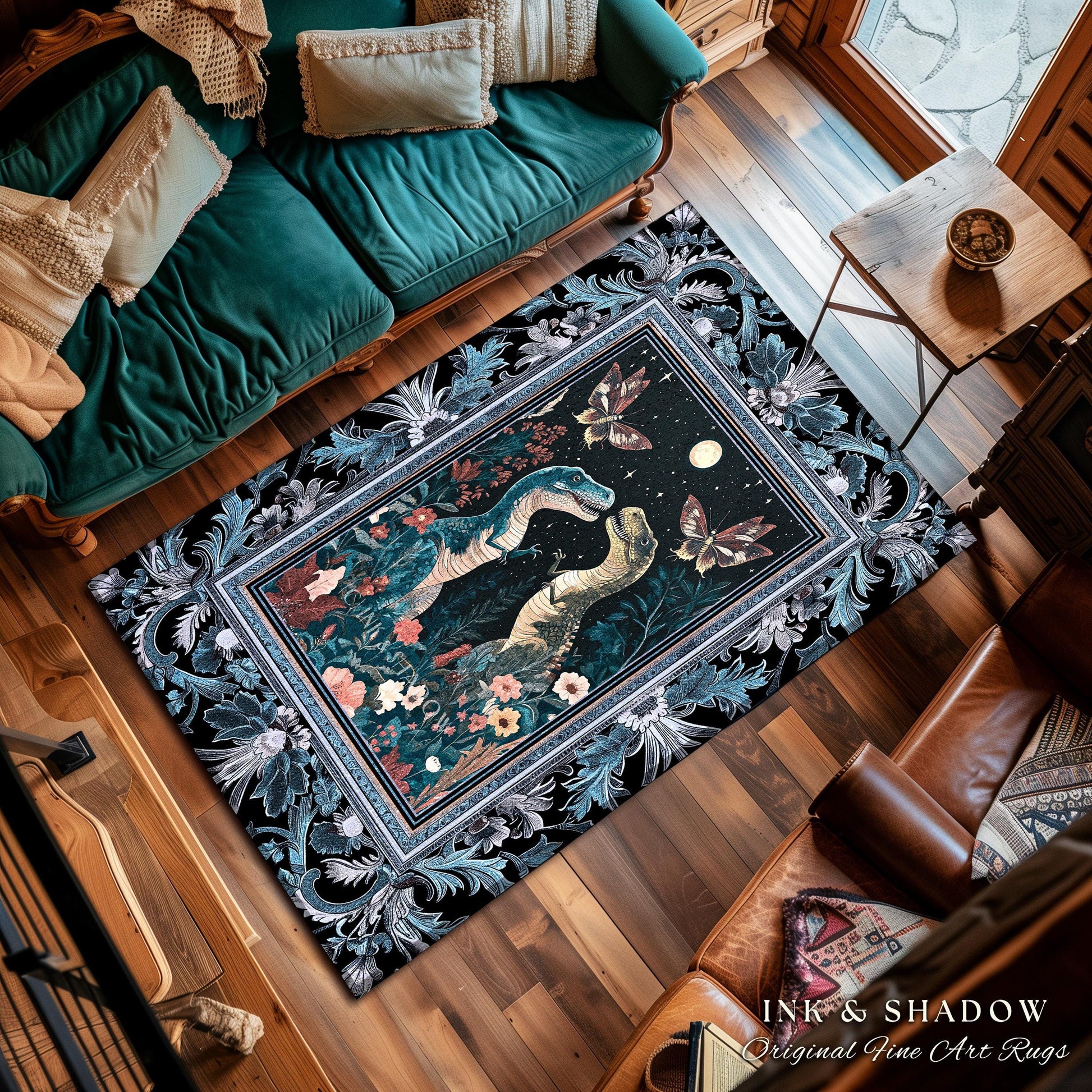 Celestial T-Rex Dinosaur Rug Enchanted Night Garden Moonlit Witchy Cottagecore, Vintage Indigo Blue Whimsigoth Whimsical Jurassic Forestcore